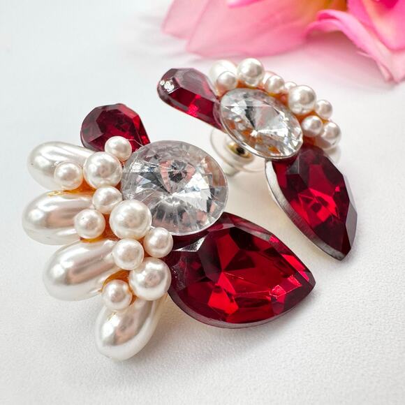 Vintage Big Red Rhinestone Faux Pearl Cluster Earrings Ballroom Dance Pageant - Picture 2 of 7